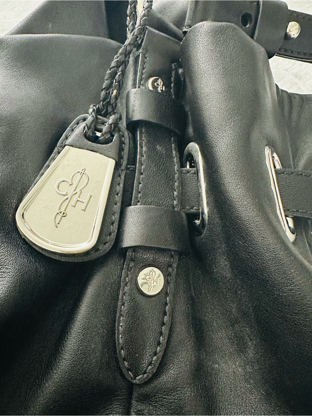 Cole Haan Black Leather Drawstring Bucket Shoulder Bag Pink Fuchsia Lining